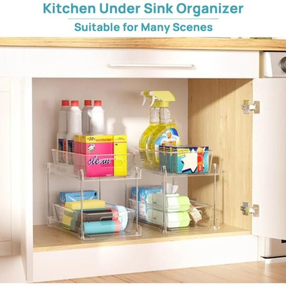 New 4-Pack 2-Tier Bathroom Organizer, Clear Under Sink & Cabinet Storage Bins